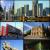 A pixelated collage of four distinct cityscape scenes arranged in a 2x2 grid, each depicting urban architecture and water bodies under varying lighting conditions.