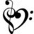 Black and white icon featuring a heart-shaped musical staff with treble clef, three dots on the right side, and a gray rectangle partially obscuring the bottom-right corner.