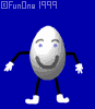 Animated egg-shaped character with blue eyes and gray smile on blue background, displaying multiple arm and leg poses.