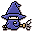 Pixel art character in blue robe and hat holding staff with smoke effect, two variations of pose and expression on gray background.