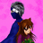 Pixelated image of two figures against pink background; one figure in dark blue with gray helmet, the other brown-haired figure in purple top holding green object.