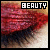A pixelated close-up of lips and eyelashes with the word 'BEAUTY' in a black-and-white box above, transitioning to a red-and-black box.