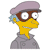 Pixelated character with yellow skin, brown glasses, light blue hair, purple cap, and gray coat in profile view.