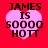 Four identical pink heart-shaped icons with black text reading "JAMES IS SOOOO HOTT" on a red background, arranged in a