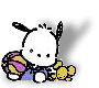 Animated cartoon character with white face, black ears, and purple-blue outfit holding striped ball and yellow objects.