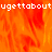 A pixelated orange and red flame-like background with repeated white text "ugettabout" at top and bottom left, and a solid gray rectangle on the right.