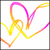 A pixelated abstract composition of curved lines in pink, orange, and yellow hues on a white background with gray border.