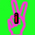 Green background with pink hand silhouettes making peace signs, displaying pixelated text fragments in various colors.