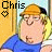 Pixelated cartoon character in blue shirt and yellow cap with text 'Chris' and heart symbol, two states showing heart animation.