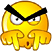 Yellow cartoon face with black eyebrows and white eyes, hands raised in front of the mouth, each hand showing three fingers.