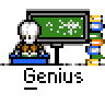 Animated contact sheet of a pixel art icon showing a stick figure at a desk with changing text on the screen, transitioning from mathematical symbols to E=MC² equations.
