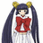 Pixelated anime-style character with dark blue pigtails, yellow hair accessories, red bow tie, white top, and striped skirt.