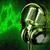 Pixelated green-toned image of a metallic microphone with circular grille and stand against blurred green background.