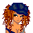 Pixel art of a female character with curly red hair and a dark blue cap, wearing a dark blue top and dark pants, with visible text variations below.