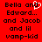 Red background with black pixelated text listing names and 'vamp-kid', a white heart symbol partially overlapping the word 'and' in the top-left.