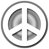 A circular icon with a metallic gray peace symbol centered inside a white circle bordered by a thick gray ring.