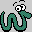 Two pixelated green snakes with checkered patterns, large white eyes with black pupils, and black outlines on a gray background.