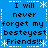 Blue background with white dashed border and snowflake accents, displaying repeated text "I will never forget my besteyest Friends!!!" in black pixelated font.