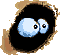 Pixelated blue eyes with black pupils inside a dark oval shape, framed by brownish edges on gray background.