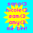 Yellow starburst shape with pink text listing names and "me bff!" on bright blue background, no visible animation changes across observations.