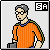 Pixelated figure in orange striped shirt with blue collar and green shoulder accents, gray hair, glasses, standing with hands at sides, black square with 'SA' text in top right corner.