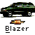 Pixelated image of a black Chevrolet Blazer vehicle with green accents, positioned above the Chevrolet logo and 'Blazer' text on gray background.
