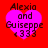 Four identical pixelated heart-shaped icons with text on a red background, each displaying 'Alexia and Giseppe 1333' in dark brown letters.