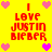 Yellow background with red pixelated text reading "I LOVE JUSTIN BIEBER" surrounded by pink and purple heart icons.