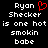 Pixelated text displays 'Ryan Shecker is one hot smokin babe' with a red heart symbol replacing the 'o' in 'Ryan' on the left side of the image.
