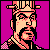 Pixel art portrait of a historical figure with stylized facial features, wearing traditional headgear and patterned clothing against a solid magenta background.