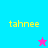 Four quadrant with cyan, purple, pink backgrounds and yellow text 'tahnee' in each section; two pixelated star icons appear at bottom-right of cyan and pink quadrants