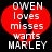 Red broken heart with white text reading 'OWEN loves misses wants HARLEY' on black background.