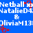 Blue background with white pixelated text repeating 'Netball', 'NatalieD4', '&', 'OliviaM130' and red square-dot symbols in a repeating pattern.