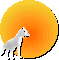 Pixelated wolf stands before orange-yellow gradient circle; left view shows wolf facing right, right view shows wolf facing up with mouth open.
