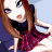 A pixelated cartoon-style image of a woman with long brown hair and blue eyes, wearing a dark top and red skirt, positioned next to green text reading "Original Icons .com" on a solid background.