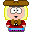 Pixel art character with blonde hair, brown hat, red shirt, blue pants, and purple shoes; two expressions show open mouth versus closed mouth.