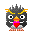 Pixelated cartoon bird with spiky gray head, yellow eyebrows, orange beak, and red feet holds a heart that changes size and color across frames.