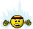 Pixelated yellow circular face with red headband, angry expression, clenched fists, and blue energy burst background.