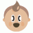 Pixelated cartoon face with light brown hair, large white eyes with black pupils, and a dark oval mouth on a beige background.