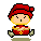 Pixel art character with red hat and outfit, yellow face, green shoes; three of poses showing facial expressions and one frame with question marks