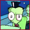Green cartoon character with large eyes and black top hat displays changing facial expressions