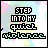 Pixelated text 'STEP INTO MY quiet violence' on pastel gradient background with animated punctuation changes.