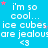 Blue background with repeated white text 'i'm so cool... ice cubes are jealous: <3' and pink stars, static image.