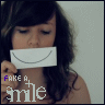 A 4x3 contact sheet of a woman holding a paper smile over her mouth in multiple frames with text reading "FAKE A SMILE" below the image.