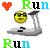Pixelated yellow emoji with black sunglasses on a gray elliptical machine, surrounded by multicolored 'Run' text and heart symbols in various colors.