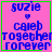 Pixelated pink square with blue text reading "suzie," "caieb," "together," and "forever" arranged vertically, bordered by green lines, with a small heart symbol between "suzie" and "caieb."
