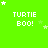 Bright green background with repeated white pixelated text "TURTIE BOO!" and scattered star shapes in varying sizes.