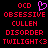 Pixelated red text on black background with a pink heart symbol, displaying 'OCD', 'OBSESSIVE', 'CULLEN', 'DISORDER', 'TWILIGHT<3' in two identical