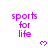 Purple text 'sports for life' with pixelated heart symbols on white background, partially cropped at bottom right.