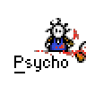 Animated contact sheet of 15 pixel art frames showing a character with spiky hair and blue shirt interacting with other figures, all labeled "Psycho" below each frame.